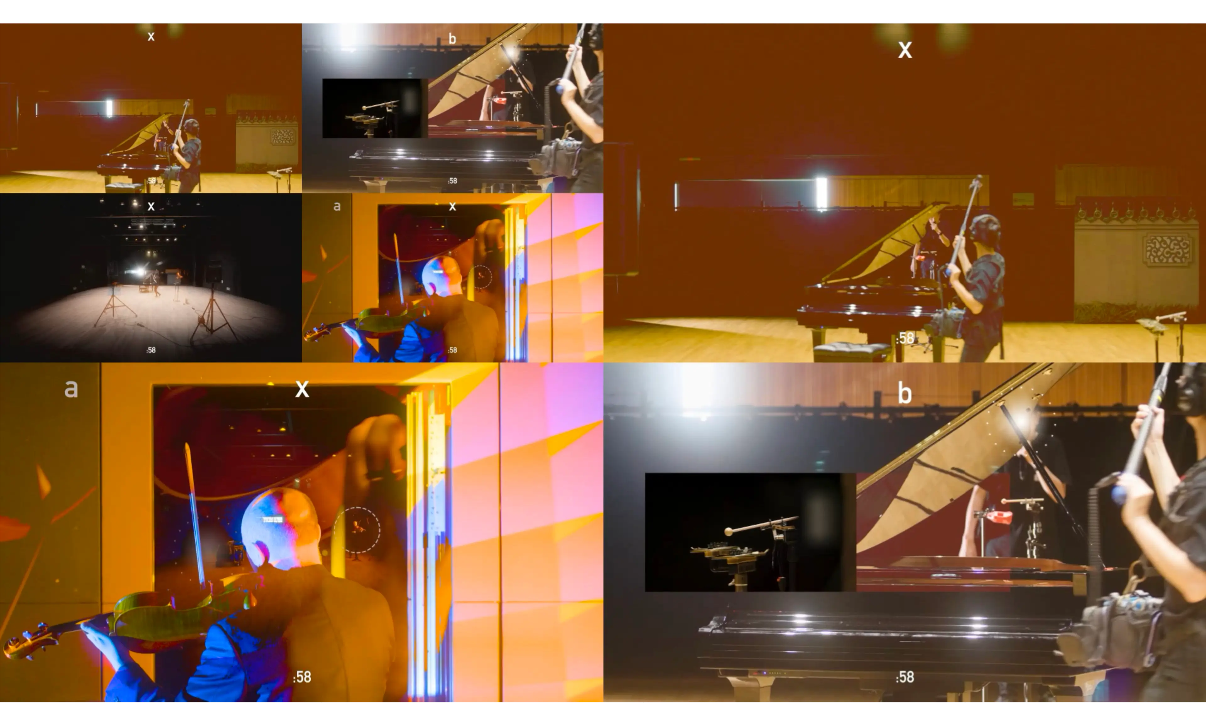 Samson Young 楊嘉輝, ‘Variations of 96 chords in space (feat. William Lane)’, 2022-2023, Video/Film/Animation, 4-channel videos with 6 channels of audio (composition for viola, crotales, woodblock, self-playing piano, e-bows on piano strings, electronic sounds, water fountain, painted screens, and custom software), Petzel Gallery